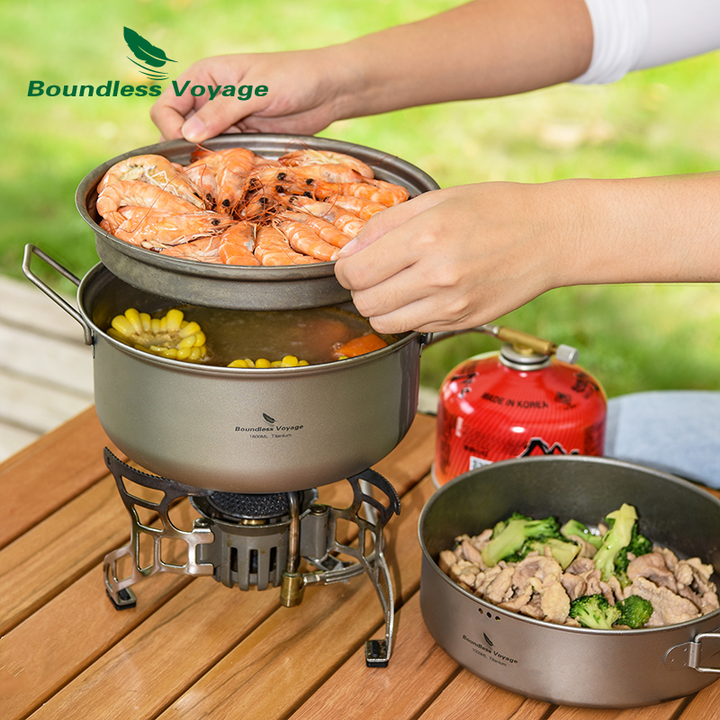 Camping Cooking Pots And Pans Set - Zestaw Tytanowy Garnek Parowy i Patelnia
