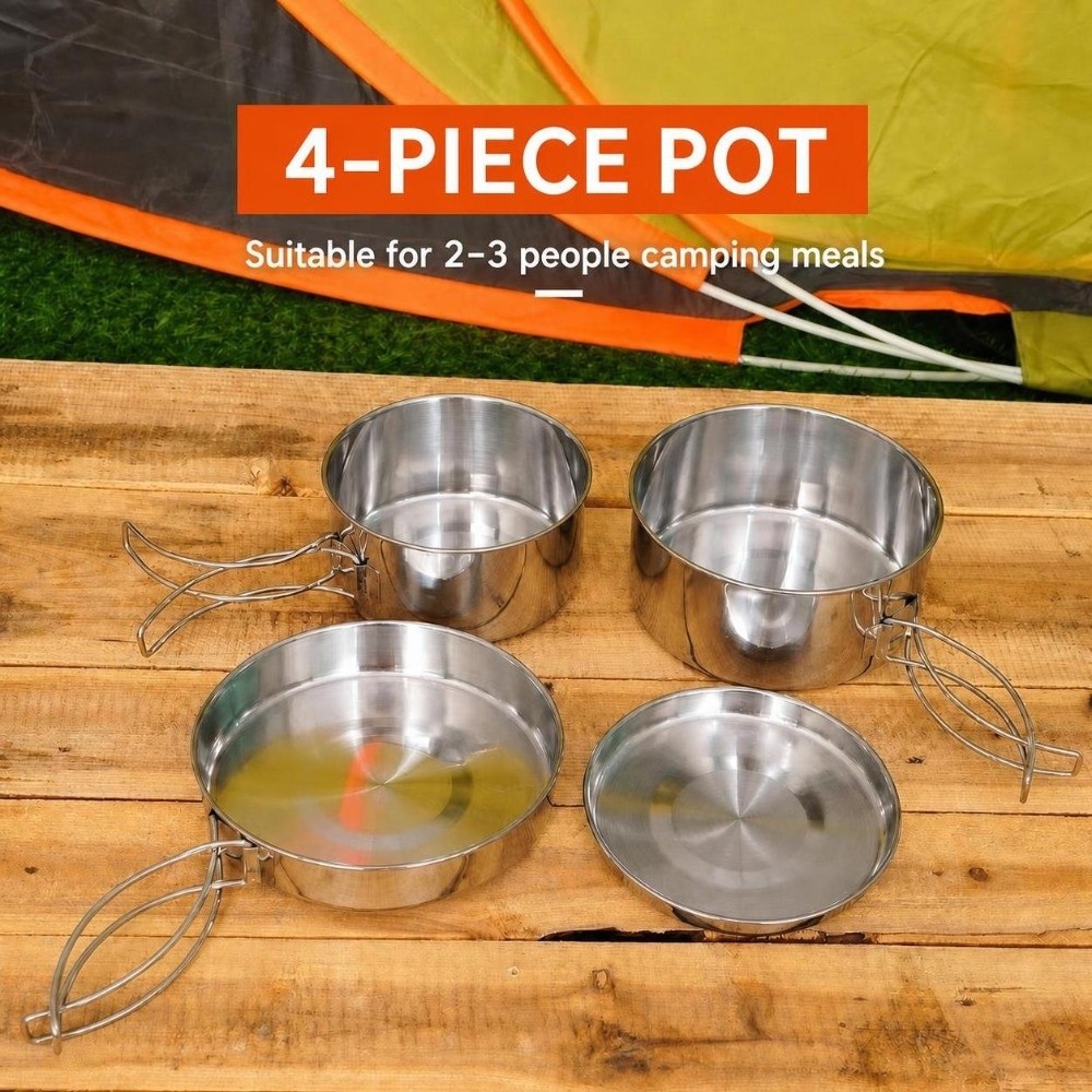 Camping Cooking Pots And Pans Set - 4-częściowy przenośny zestaw naczyń kuchennych ze